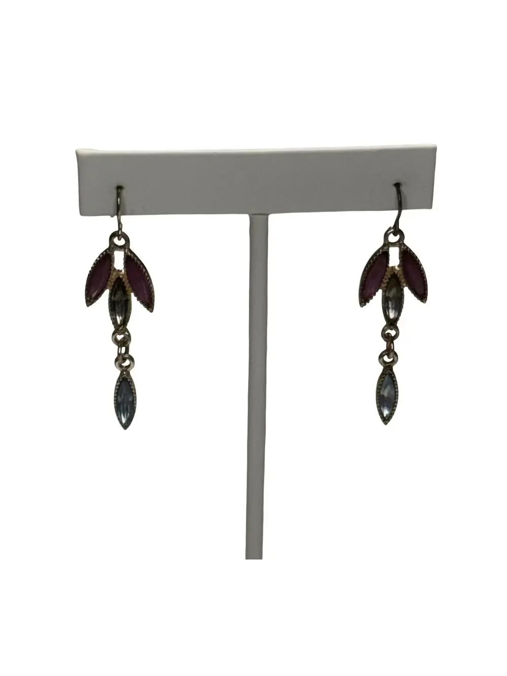 Antiqued Silver Drop Earrings Purple Blue Marquise Rhinestone Dangle - Picture 1 of 6